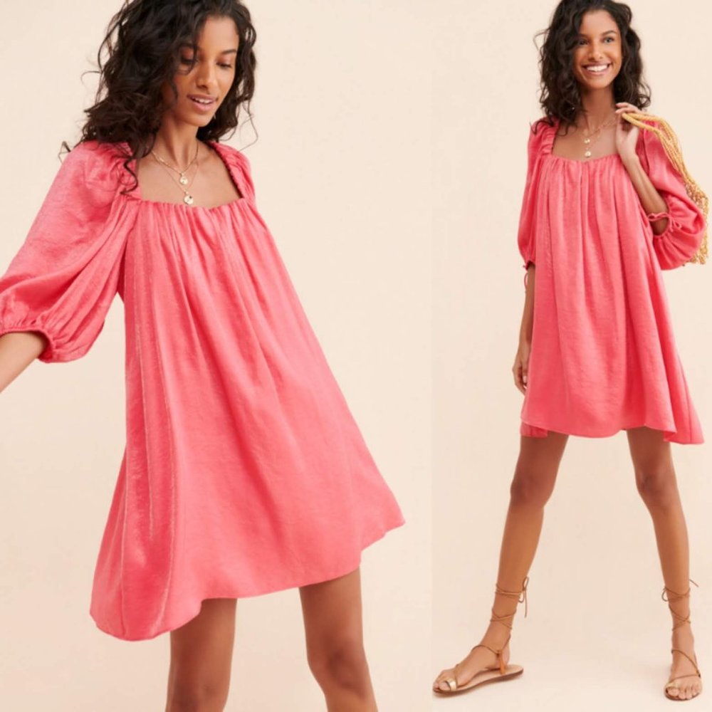Free People Mara Mini Shift Dress Moxie Pink Metallic Puff Sleeves Boho Hippie S